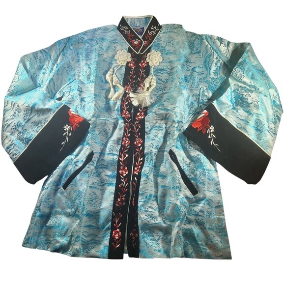Vtg Fuji Japan Embroidered Kimono Jacket Robe Blue & Black floral cuff collar - Picture 1 of 9